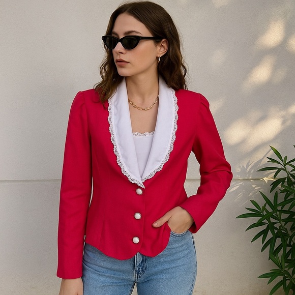 Vintage Jackets & Blazers - Vintage 80s 90s Hot Pink Blazer with Lace Collar